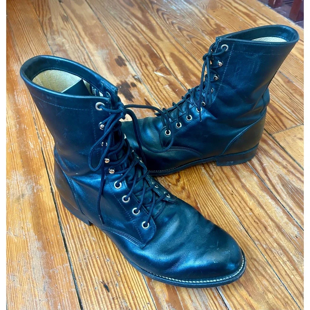 Justin 506 Mens Black Leather Lace Up Combat Work Boots Style 74149 Size 9.5 EE